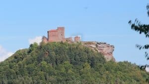 Burg Trifels, Rheinland-Pfalz; Panoramabild mit sonnigem Wald im Vordergrund