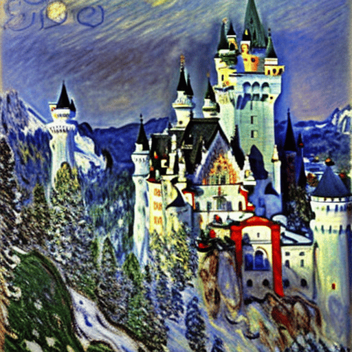Schloss Neuschwanstein im Stil von Claude Monet – dem französischen Maler des Impressionismus.