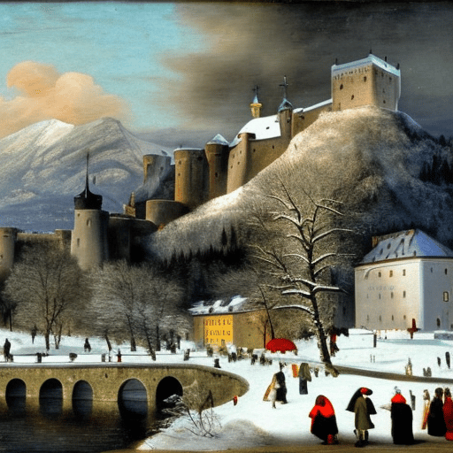 Die Festung Hohensalzburg im Stil von Pieter Bruegel - dem Maler der Niederländischen Renaissance.